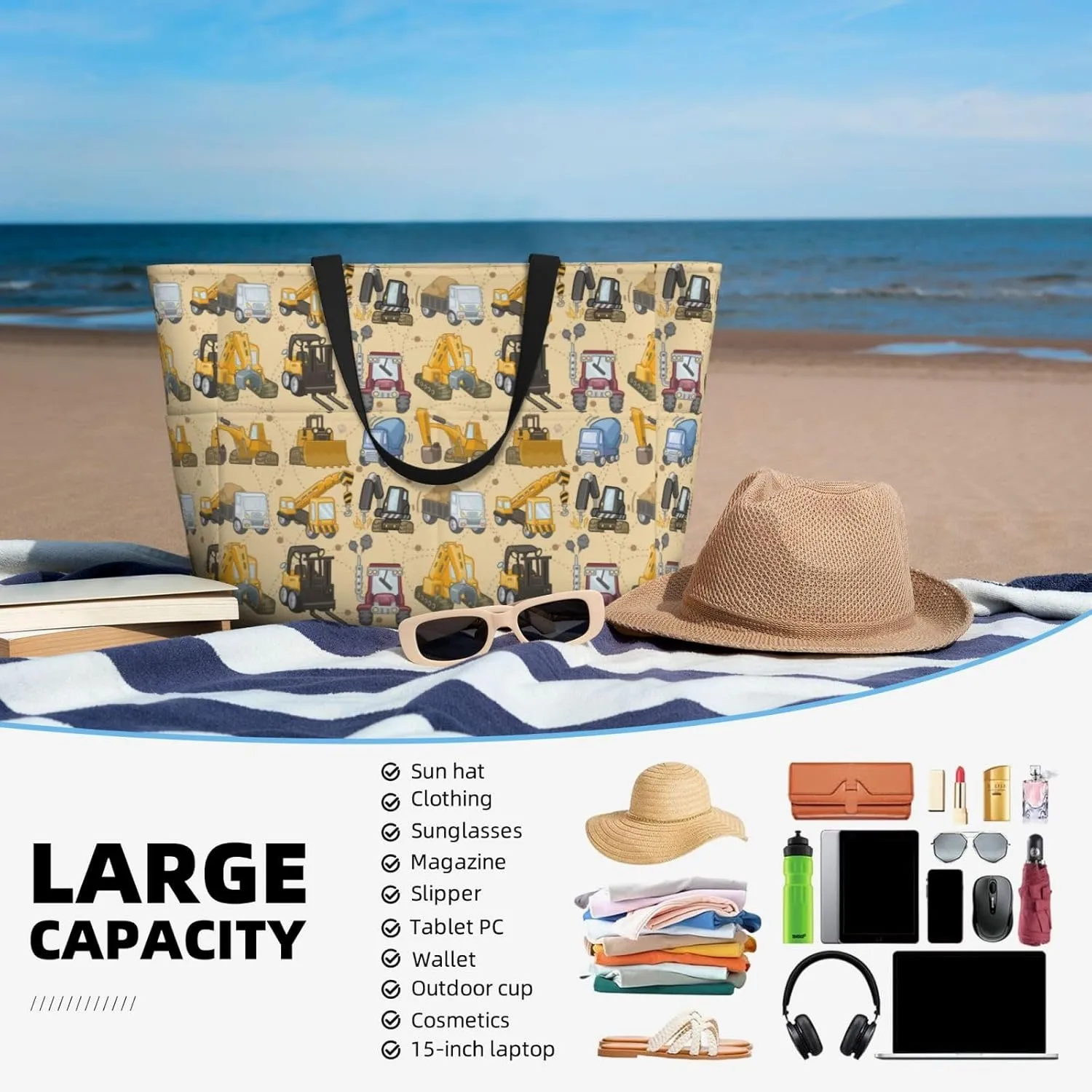 Women's Beach Travel Bags Large Waterproof Tote Bag with Pockets Sandproof Handbag for Beach Gym Vacation
