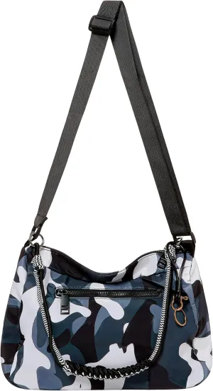Womens Camouflage Adjustable Crossbody Zipper Hobo Bag with Genuine Leather, Canvas Polyester Travel Shoulder Handbags
