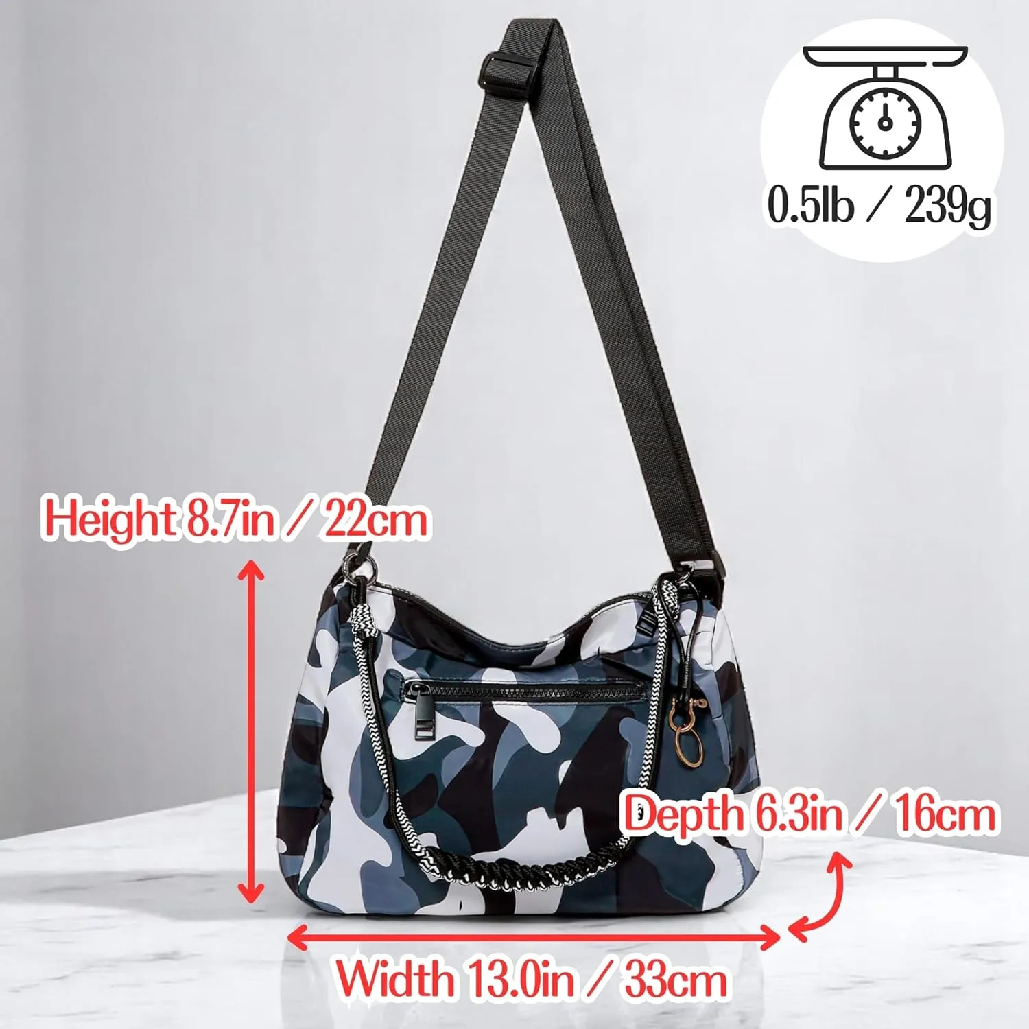Womens Camouflage Adjustable Crossbody Zipper Hobo Bag with Genuine Leather, Canvas Polyester Travel Shoulder Handbags