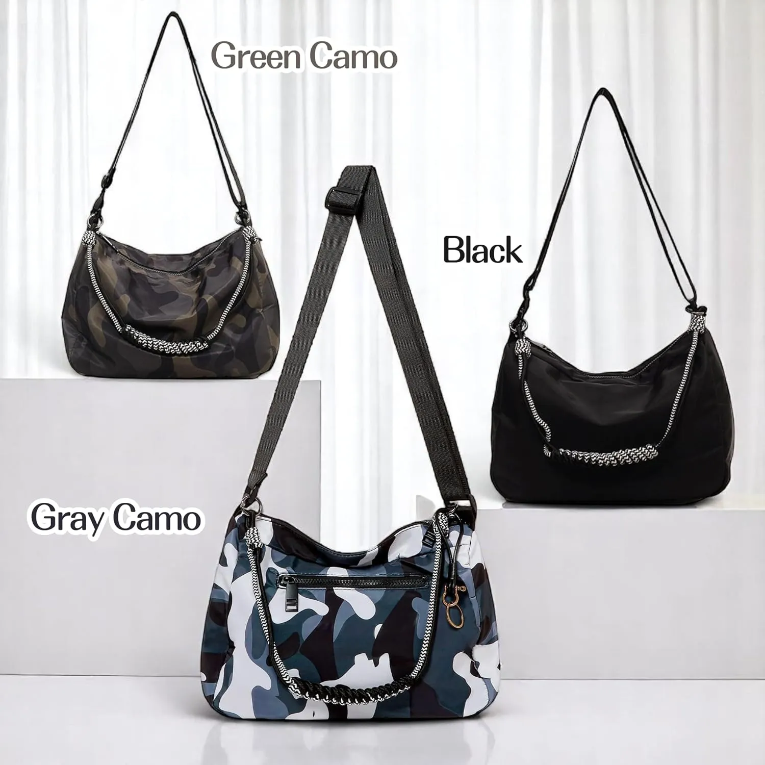Womens Camouflage Adjustable Crossbody Zipper Hobo Bag with Genuine Leather, Canvas Polyester Travel Shoulder Handbags