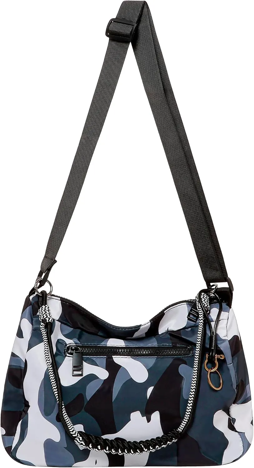 Womens Camouflage Adjustable Crossbody Zipper Hobo Bag with Genuine Leather, Canvas Polyester Travel Shoulder Handbags