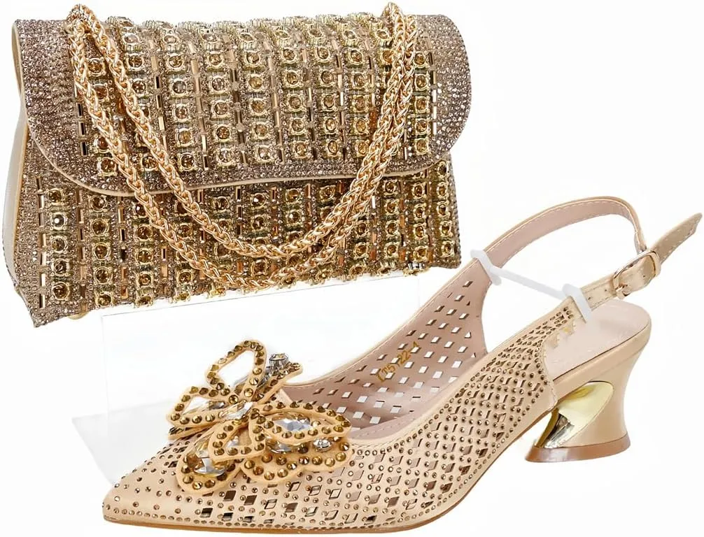 Women’S Comfortable Low Heel Shoes and Bag Set for Wedding with Square Heel and Slingback Style