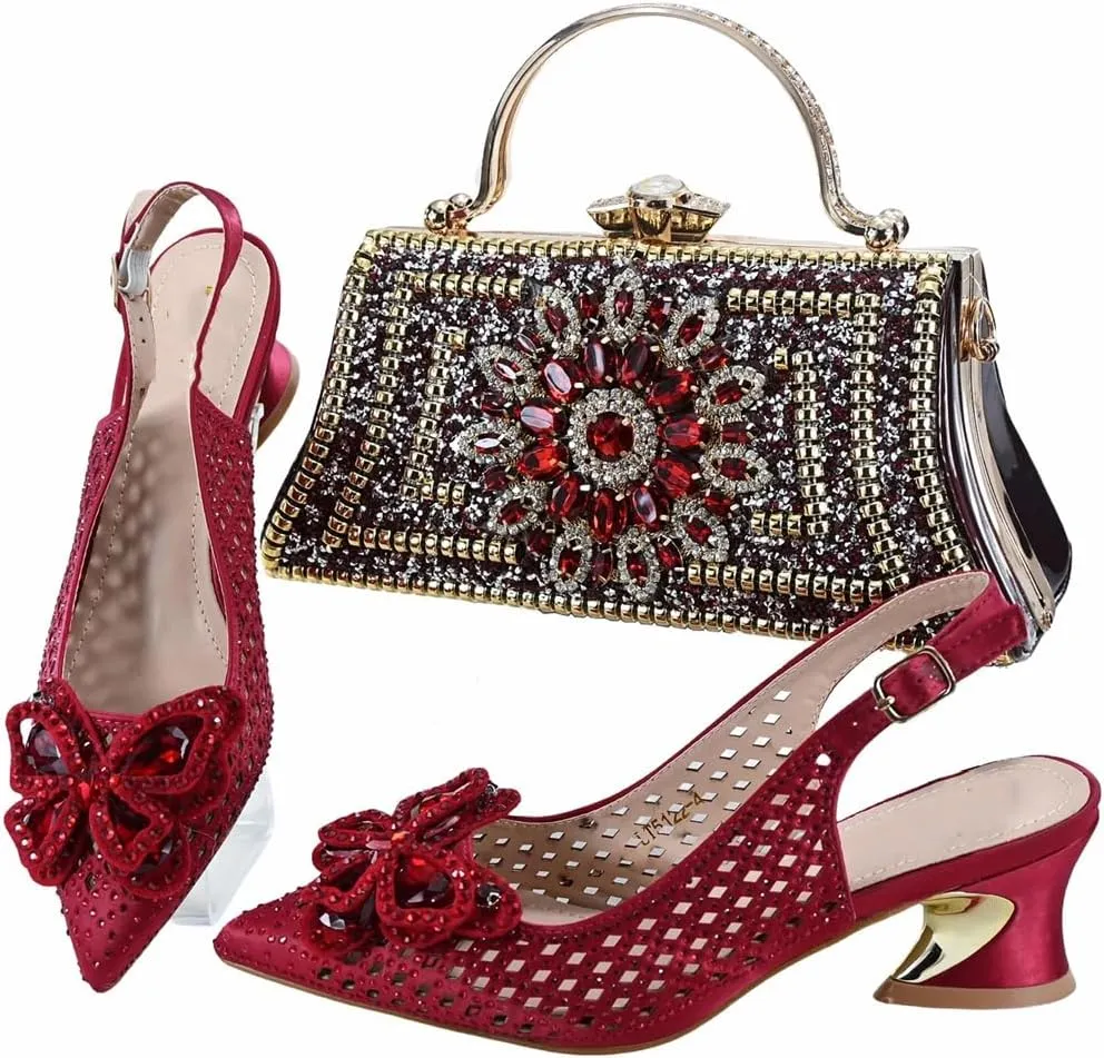 Women’S Comfortable Low Heel Shoes and Bag Set for Wedding with Square Heel and Slingback Style