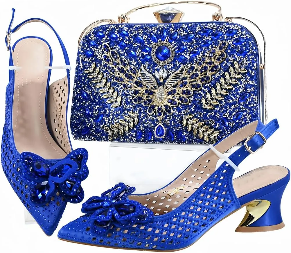 Women’S Comfortable Low Heel Shoes and Bag Set for Wedding with Square Heel and Slingback Style