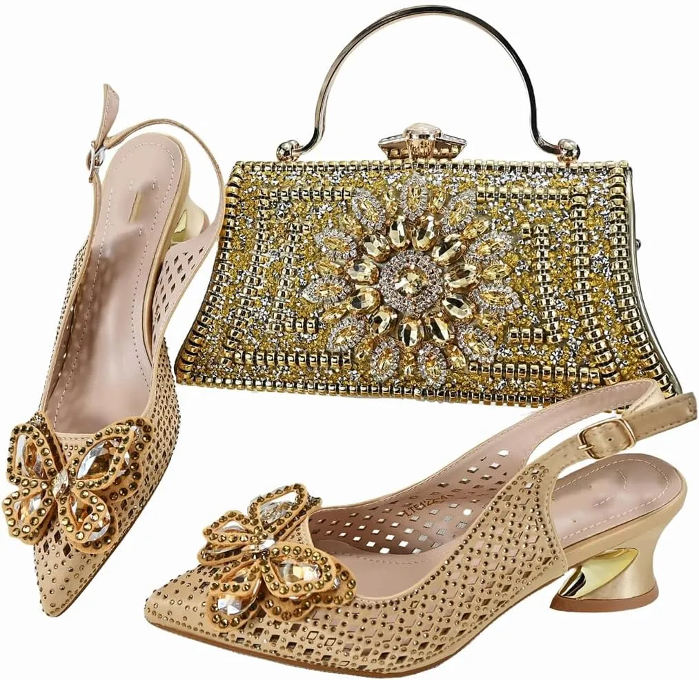 Women’S Comfortable Low Heel Shoes and Bag Set for Wedding with Square Heel and Slingback Style