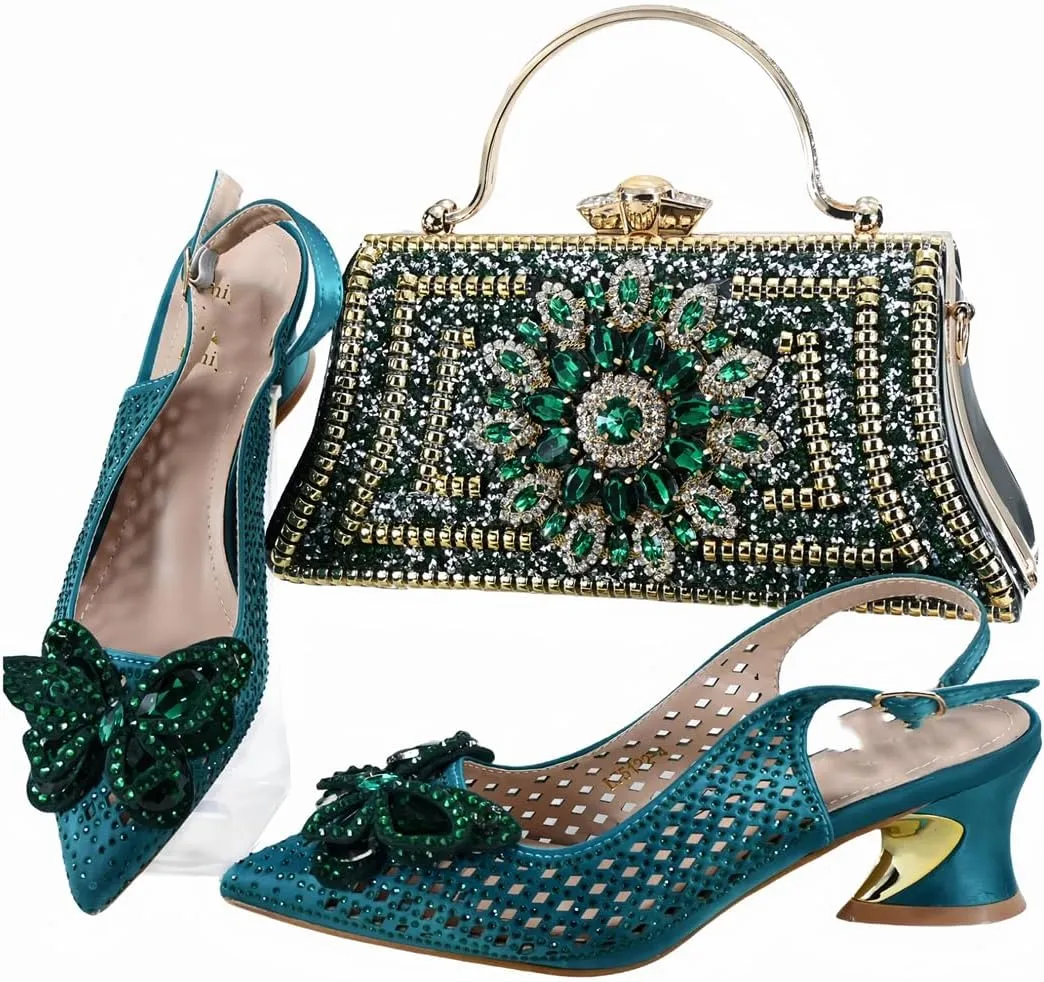 Women’S Comfortable Low Heel Shoes and Bag Set for Wedding with Square Heel and Slingback Style