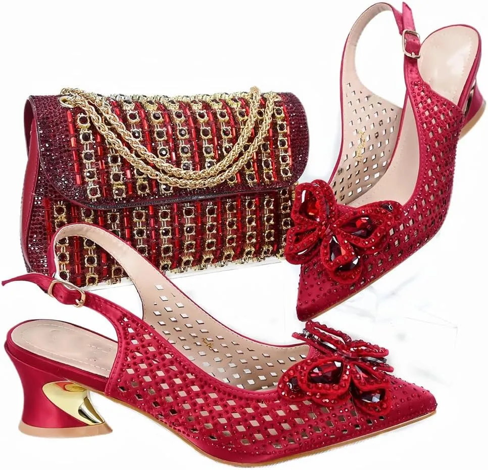 Women’S Comfortable Low Heel Shoes and Bag Set for Wedding with Square Heel and Slingback Style