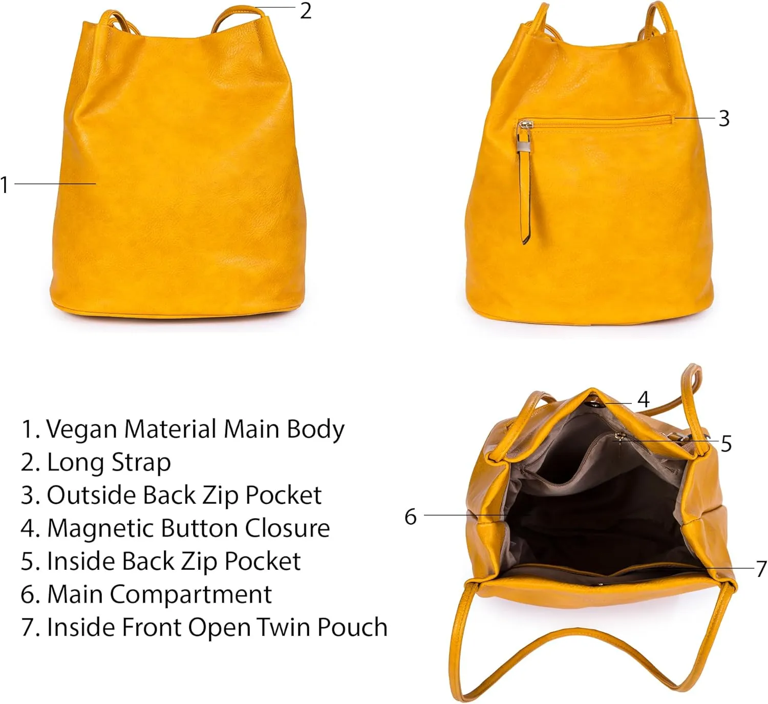 Women's Fashion Designer Medium Size Plain Soft Vegan Leather Hobo Bucket Tote Shoulder Bag - Delilah