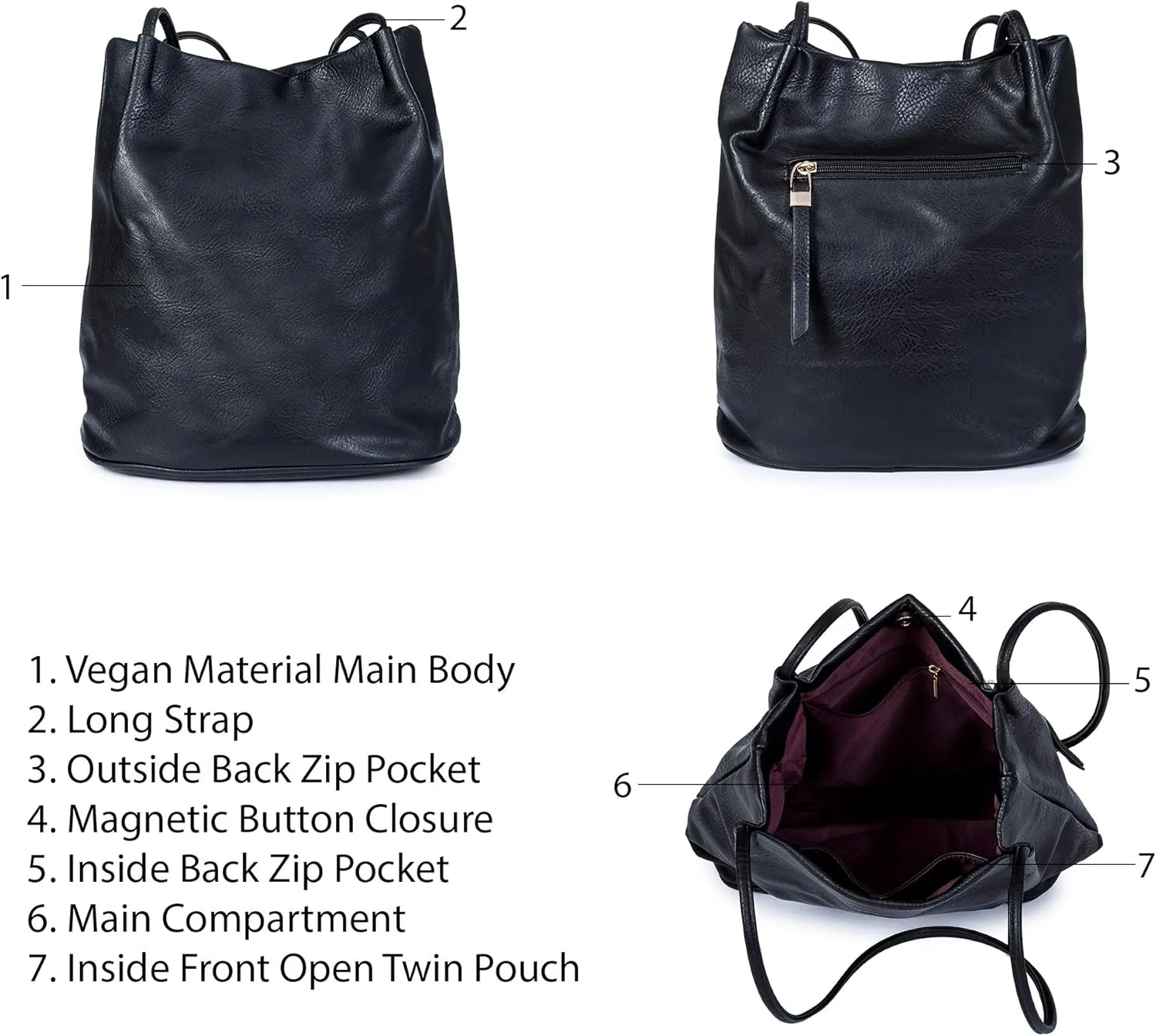 Women's Fashion Designer Medium Size Plain Soft Vegan Leather Hobo Bucket Tote Shoulder Bag - Delilah