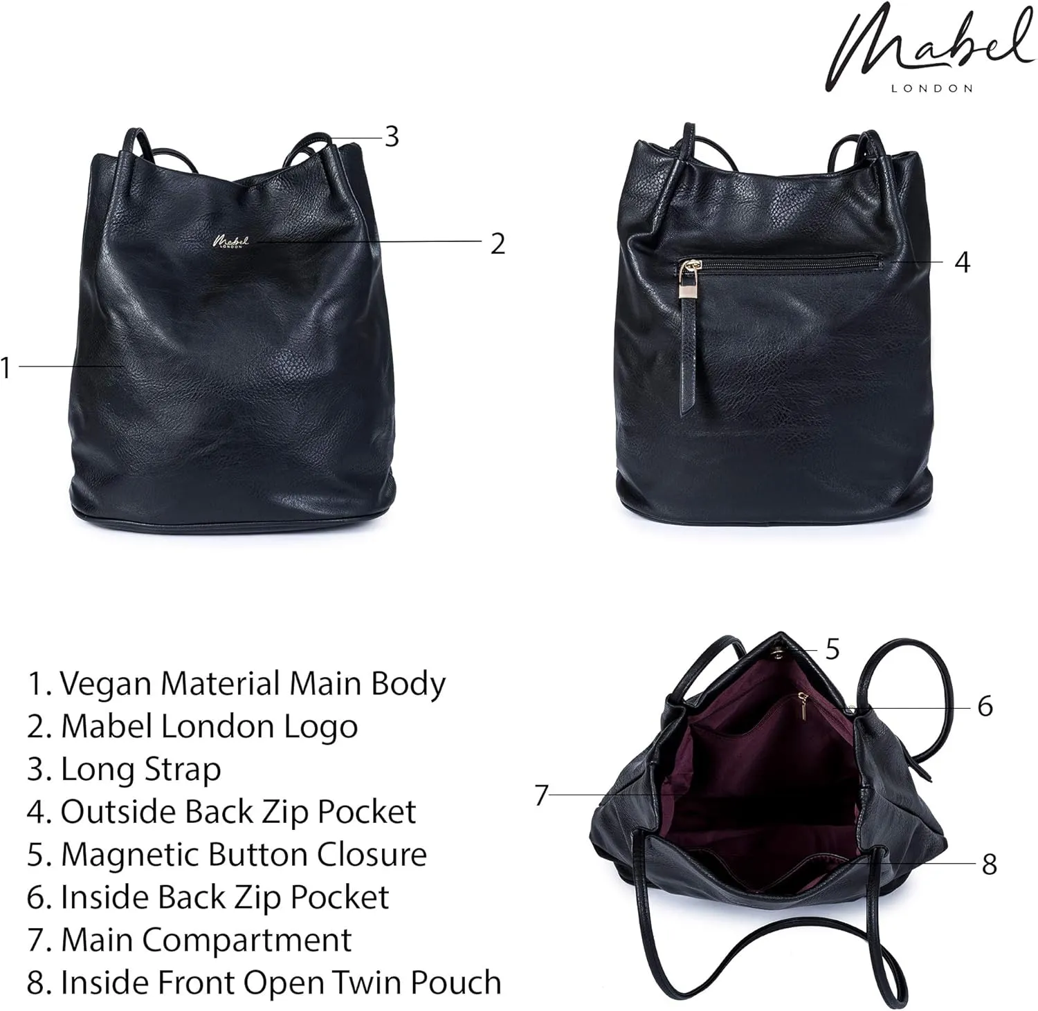 Women's Fashion Designer Medium Size Plain Soft Vegan Leather Hobo Bucket Tote Shoulder Bag - Delilah