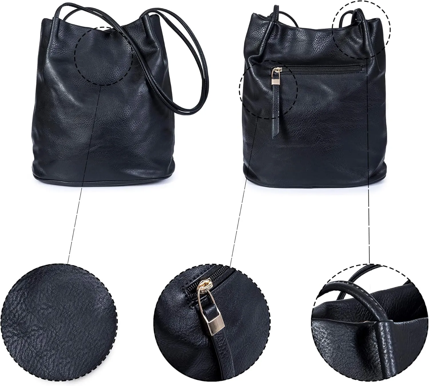 Women's Fashion Designer Medium Size Plain Soft Vegan Leather Hobo Bucket Tote Shoulder Bag - Delilah