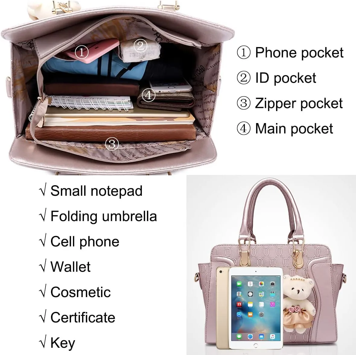 Women's Fashion Handbags Tote Bags Shoulder Bag Top Handle Satchel Purse Set 4pcs