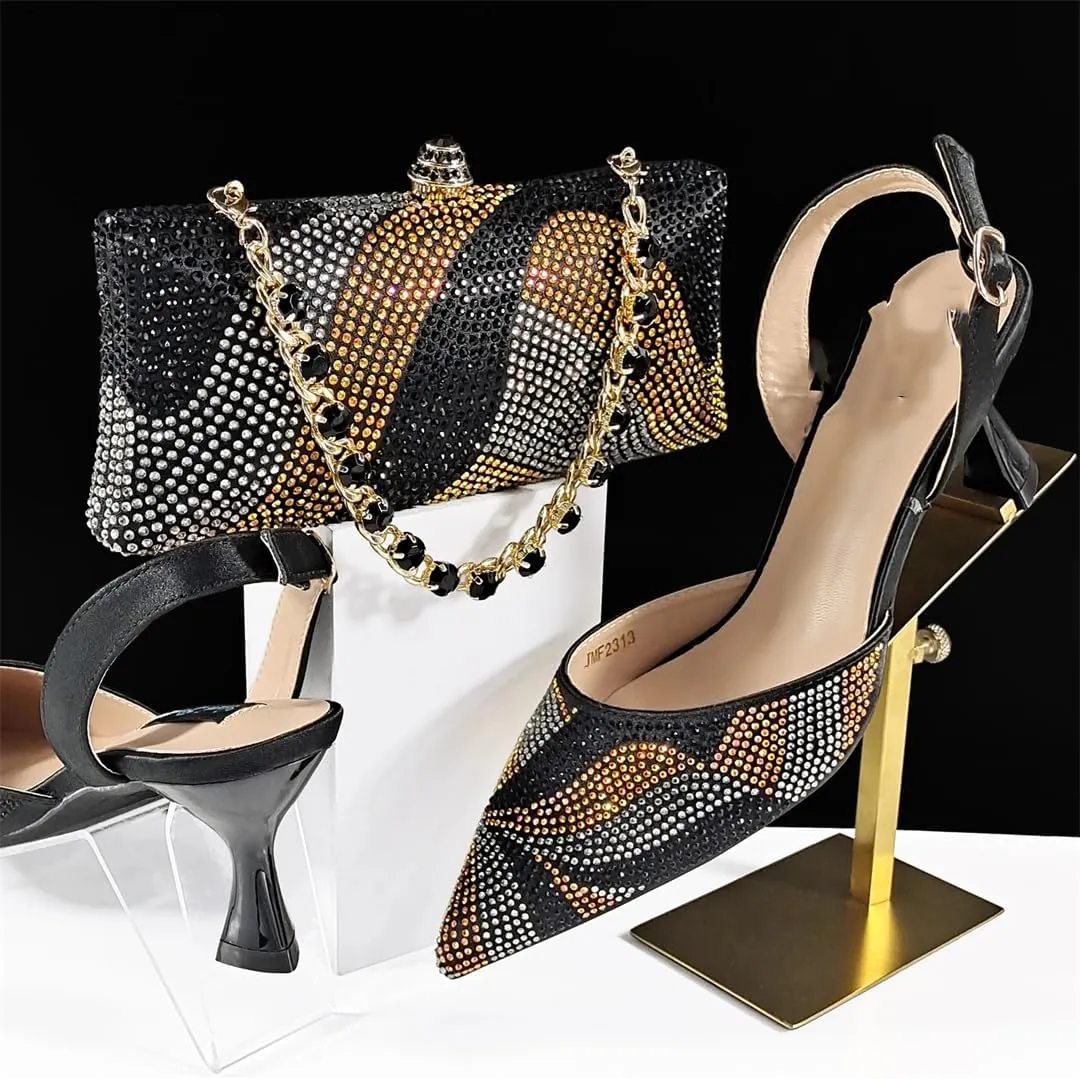 Women’S Fashion Italian Shoe and Bag Set with Matching PU Soft Leather Pumps Thin Heels Buckle Strap for Wedding Party