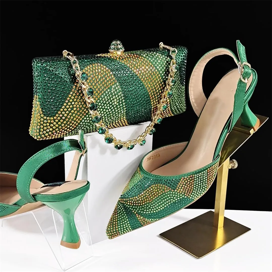 Women’S Fashion Italian Shoe and Bag Set with Matching PU Soft Leather Pumps Thin Heels Buckle Strap for Wedding Party
