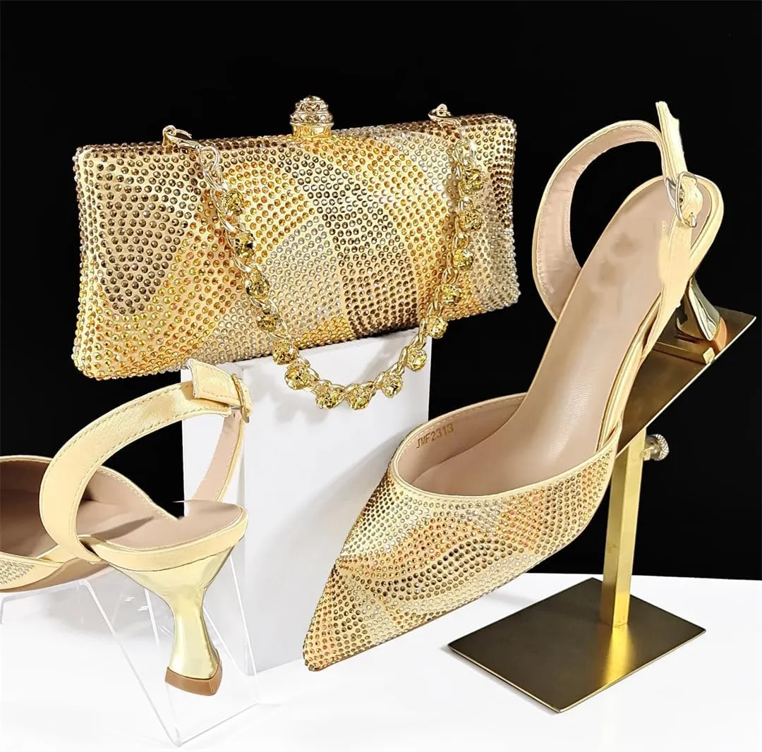 Women’S Fashion Italian Shoe and Bag Set with Matching PU Soft Leather Pumps Thin Heels Buckle Strap for Wedding Party