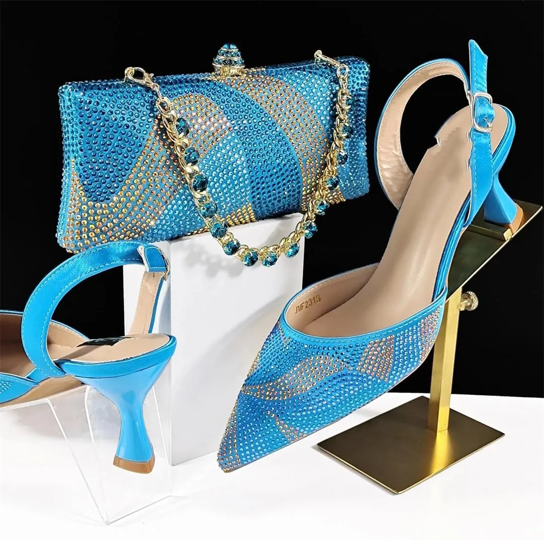 Women’S Fashion Italian Shoe and Bag Set with Matching PU Soft Leather Pumps Thin Heels Buckle Strap for Wedding Party