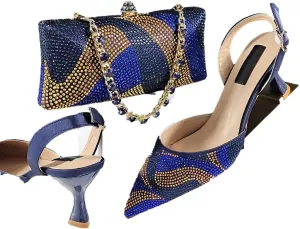 Women’S Fashion Italian Shoe and Bag Set with Matching PU Soft Leather Pumps Thin Heels Buckle Strap for Wedding Party