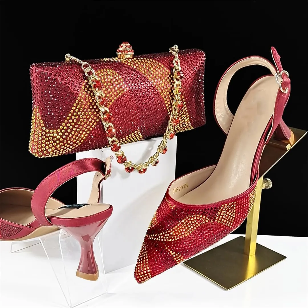 Women’S Fashion Italian Shoe and Bag Set with Matching PU Soft Leather Pumps Thin Heels Buckle Strap for Wedding Party