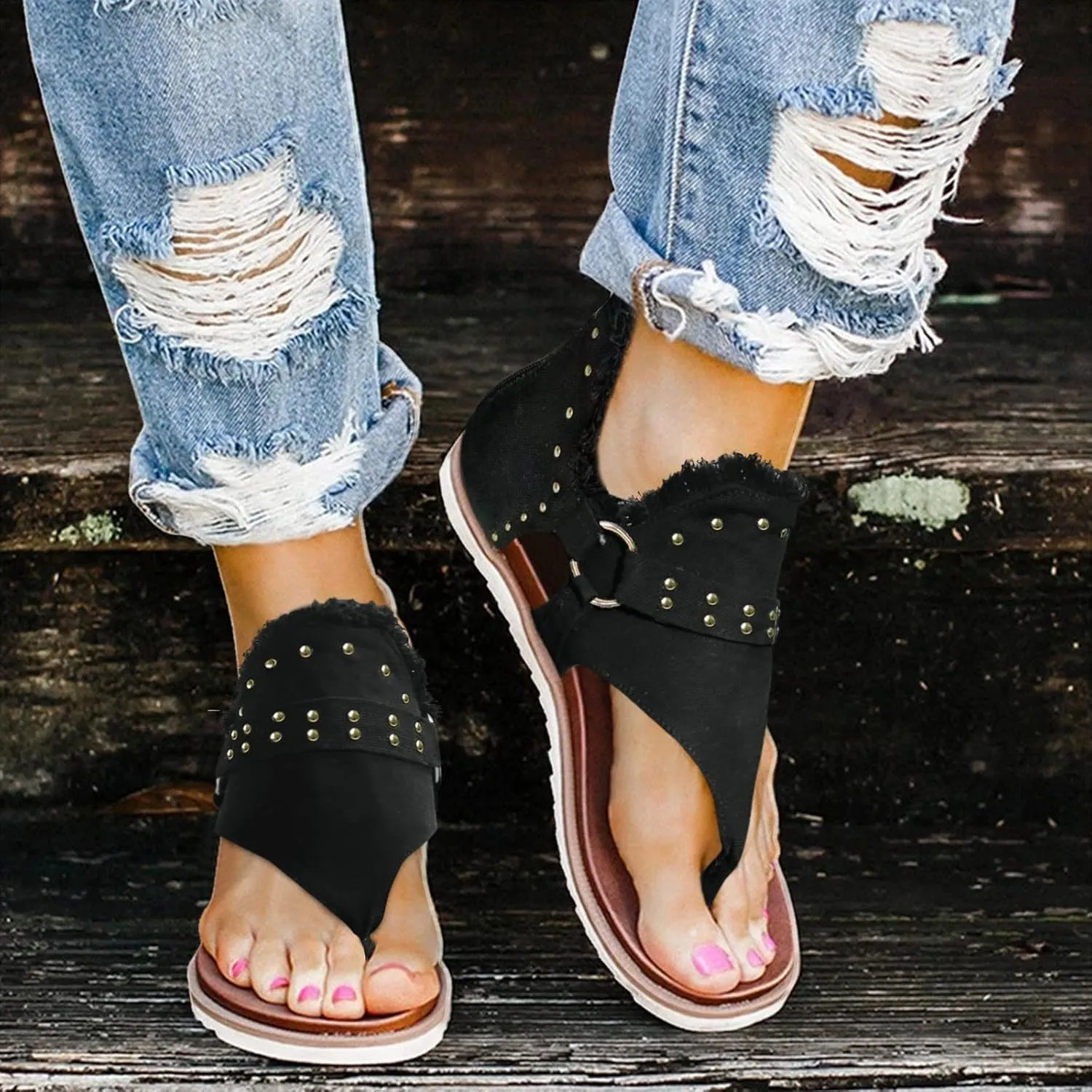 Women's Flats Sandals Open Toe with Arch Support Elastic Ankle Strap Comfort Summer All Day Walking Casual Sandal