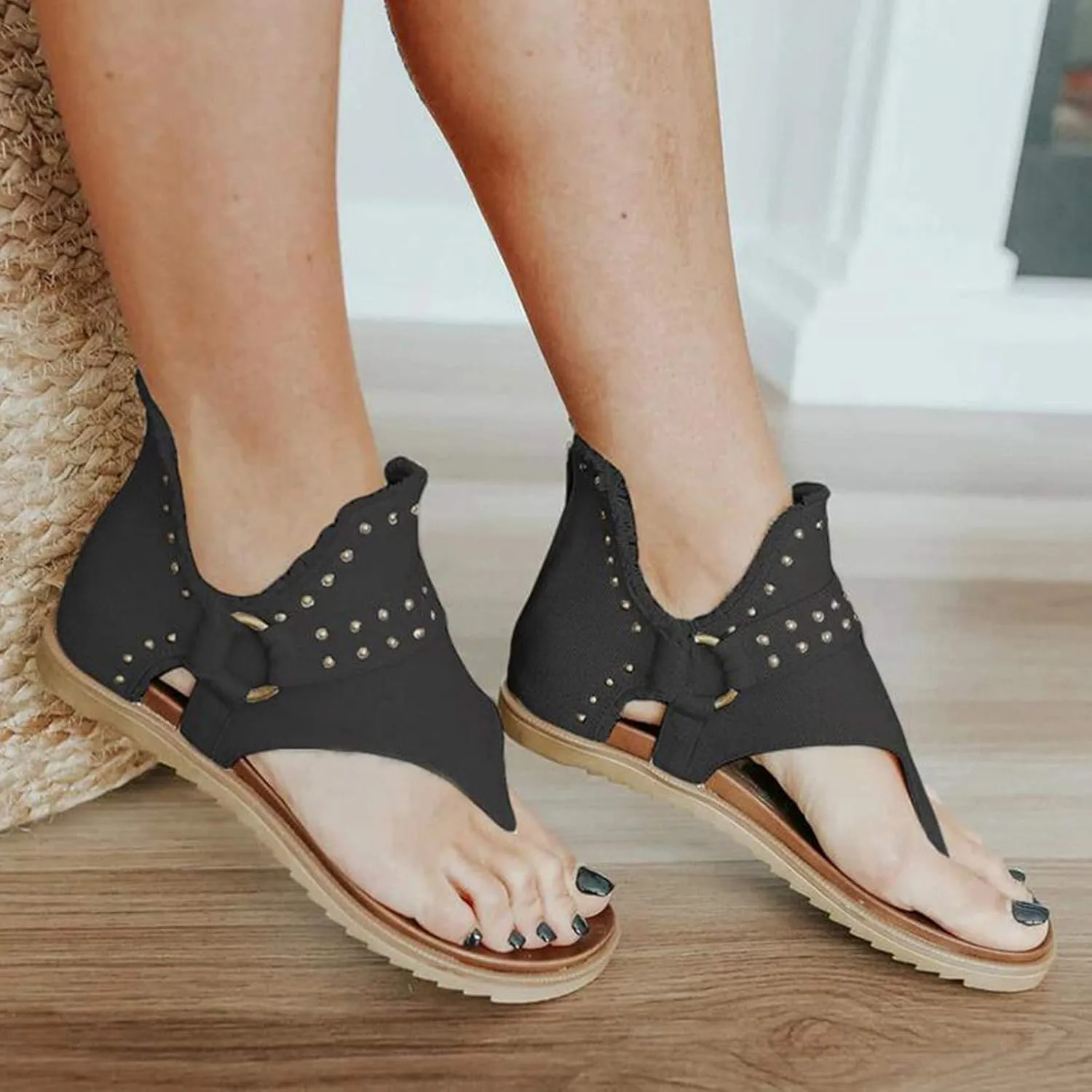 Women's Flats Sandals Open Toe with Arch Support Elastic Ankle Strap Comfort Summer All Day Walking Casual Sandal