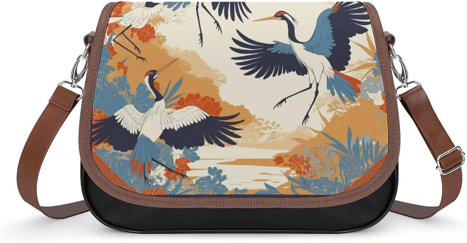 Women's Handbag Beautiful Cranes Birds Satchel Bag Leather Crossbody Bag Waterproof Messenger Bag