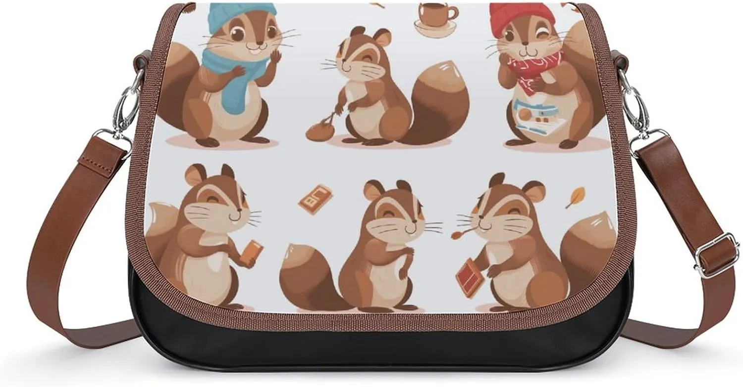 Women's Handbag Cute Chipmunk Set Satchel Bag Leather Crossbody Bag Waterproof Messenger Bag
