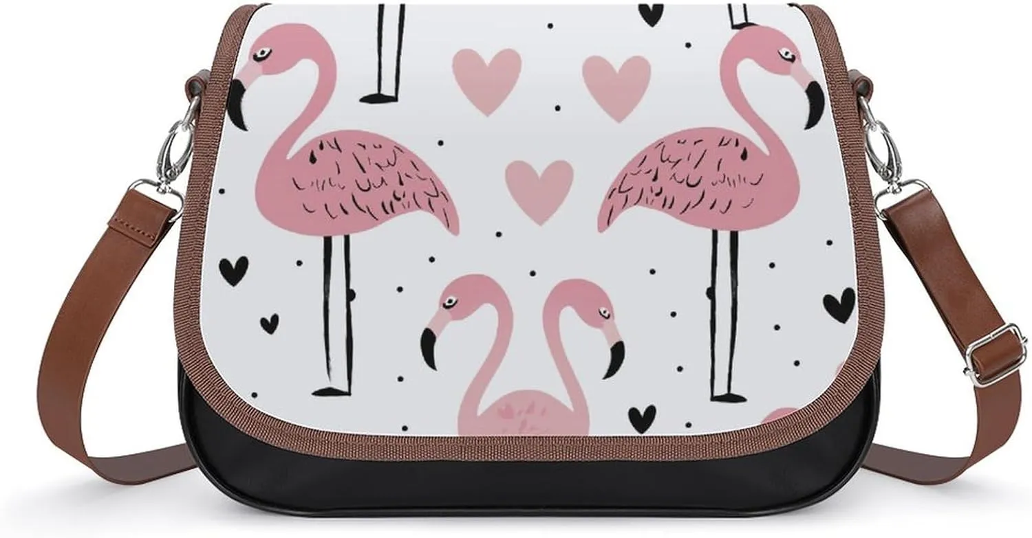 Women's Handbag Pink Flamingo Bird Hears Pattern Satchel Bag Leather Crossbody Bag Waterproof Messenger Bag