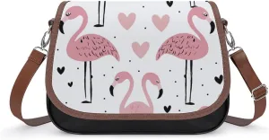 Women's Handbag Pink Flamingo Bird Hears Pattern Satchel Bag Leather Crossbody Bag Waterproof Messenger Bag