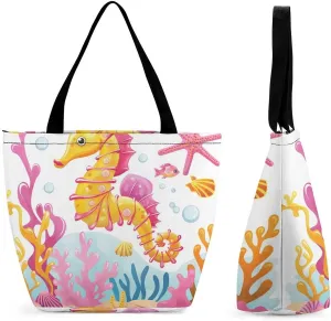 Women's Handbags Seahorse Coral Reef With Seashells Starfish Shopping Bag Leather Tote Bag Satchel Bags