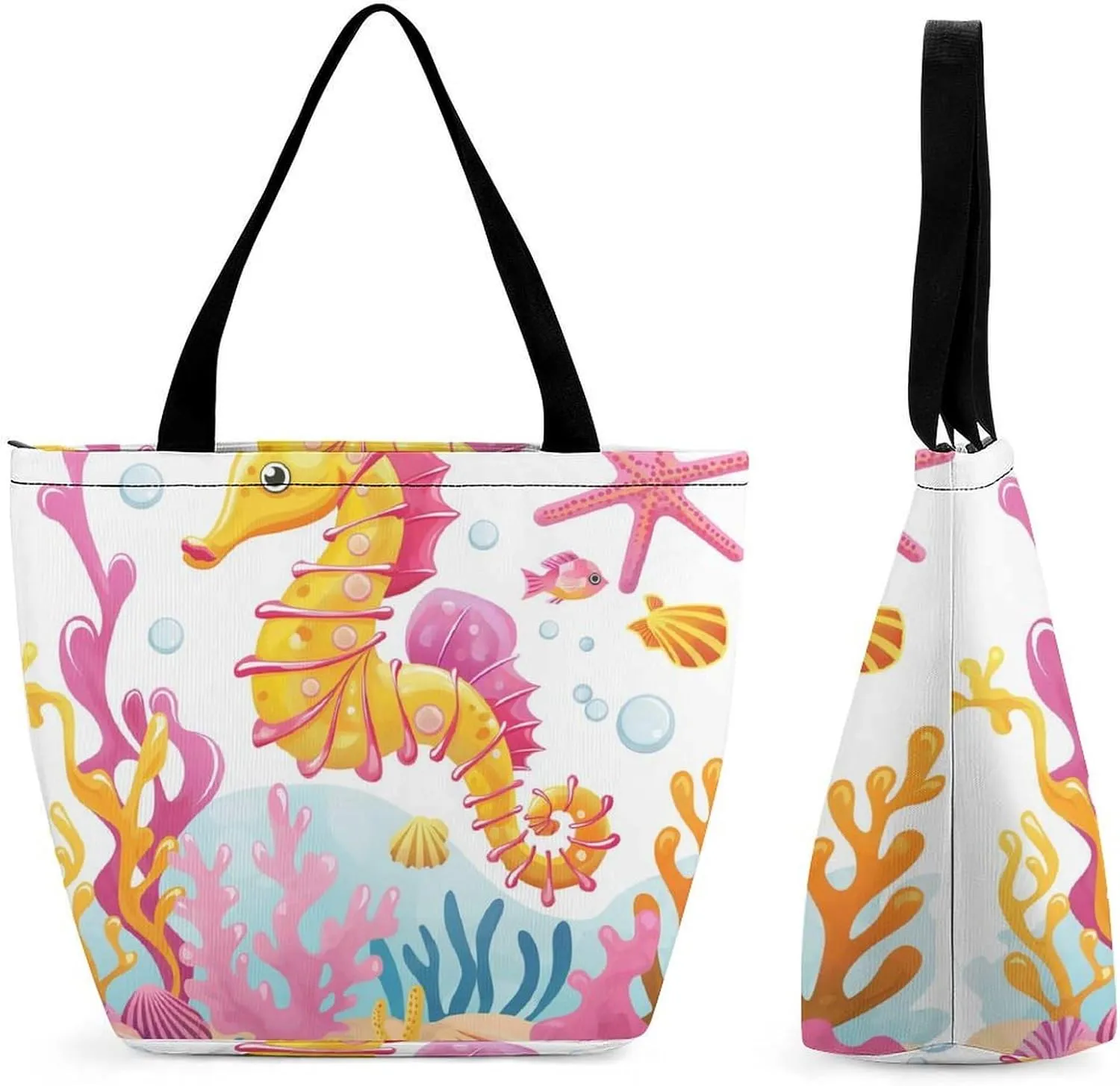 Women's Handbags Seahorse Coral Reef With Seashells Starfish Shopping Bag Leather Tote Bag Satchel Bags