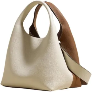Women's Leather Commuting Bucket Bag Color-blocking Handbag Cowhide Basket Shoulder Crossbody Bag Top Handle Versatile