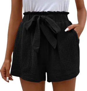 Women's Linen Shorts with Pockets Elastic Waist Cotton Wide Leg Summer Shorts High Waist Lace Up Belt Casual Beach Shorts Black L
