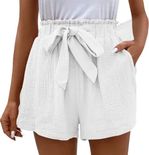 Women's Linen Shorts with Pockets Elastic Waist Cotton Wide Leg Summer Shorts High Waist Lace Up Belt Casual Beach Shorts White M