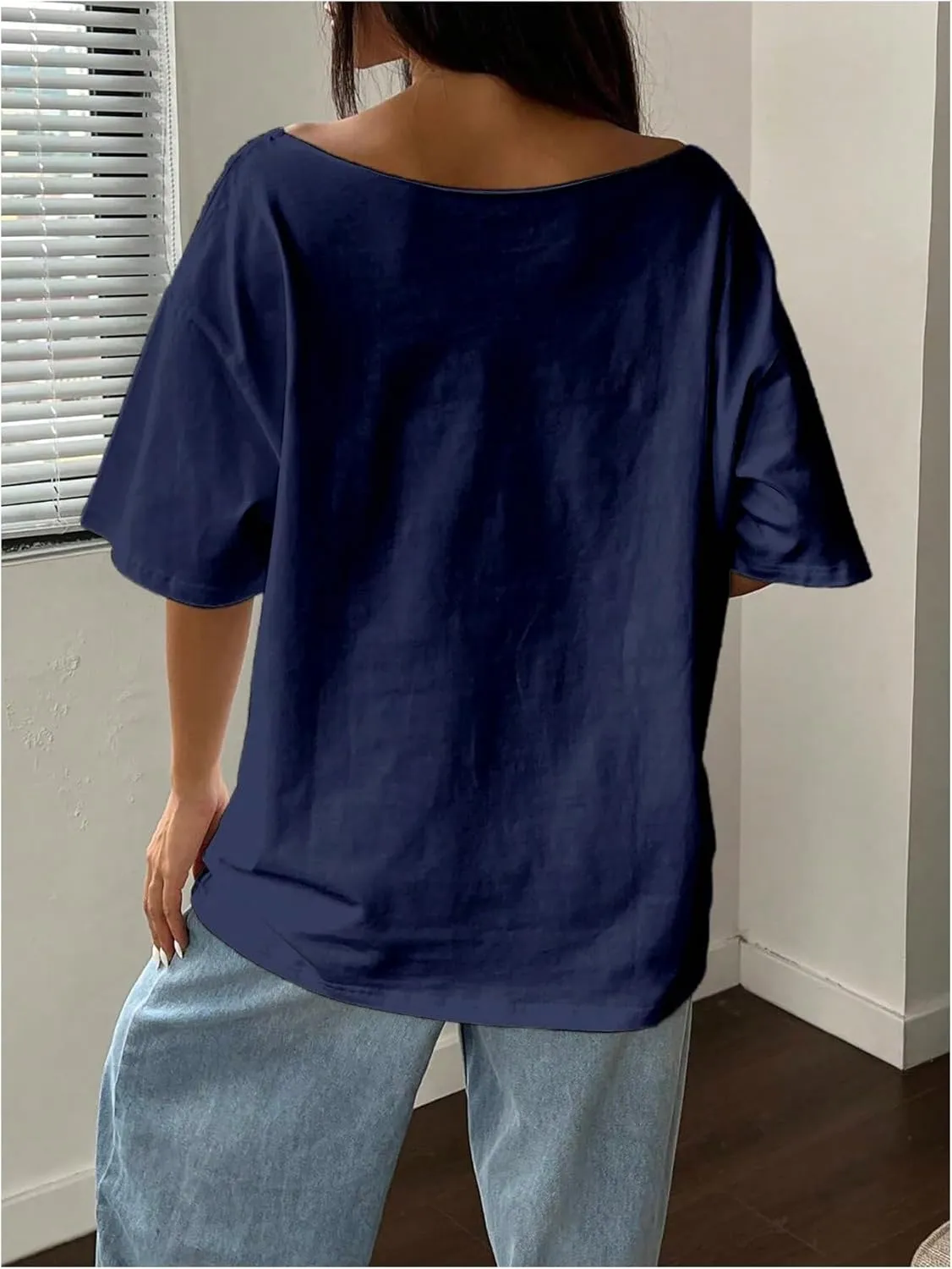 Women's Oversized Off Shoulder Graphic Tees Short Sleeve Bow Letter Print T Shirts Y2K Tops