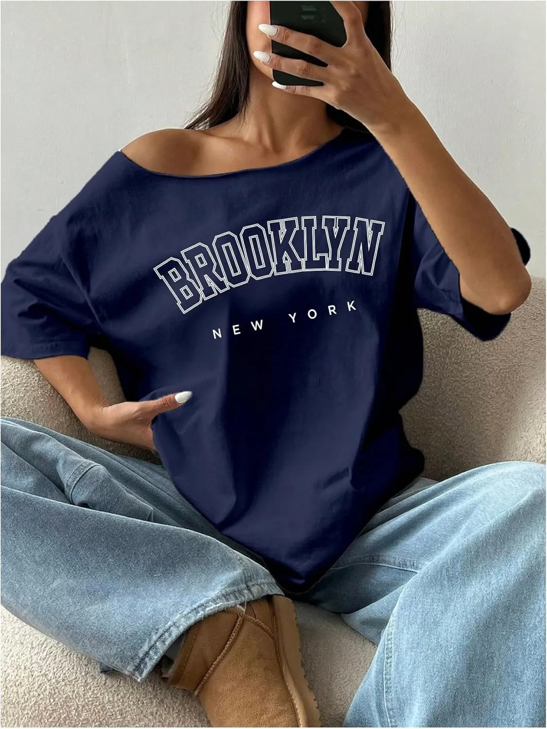 Women's Oversized Off Shoulder Graphic Tees Short Sleeve Bow Letter Print T Shirts Y2K Tops