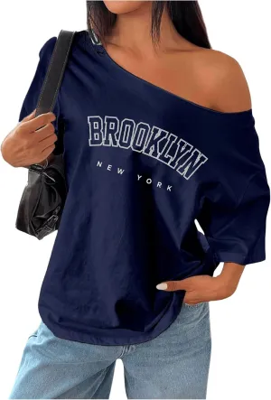 Women's Oversized Off Shoulder Graphic Tees Short Sleeve Bow Letter Print T Shirts Y2K Tops