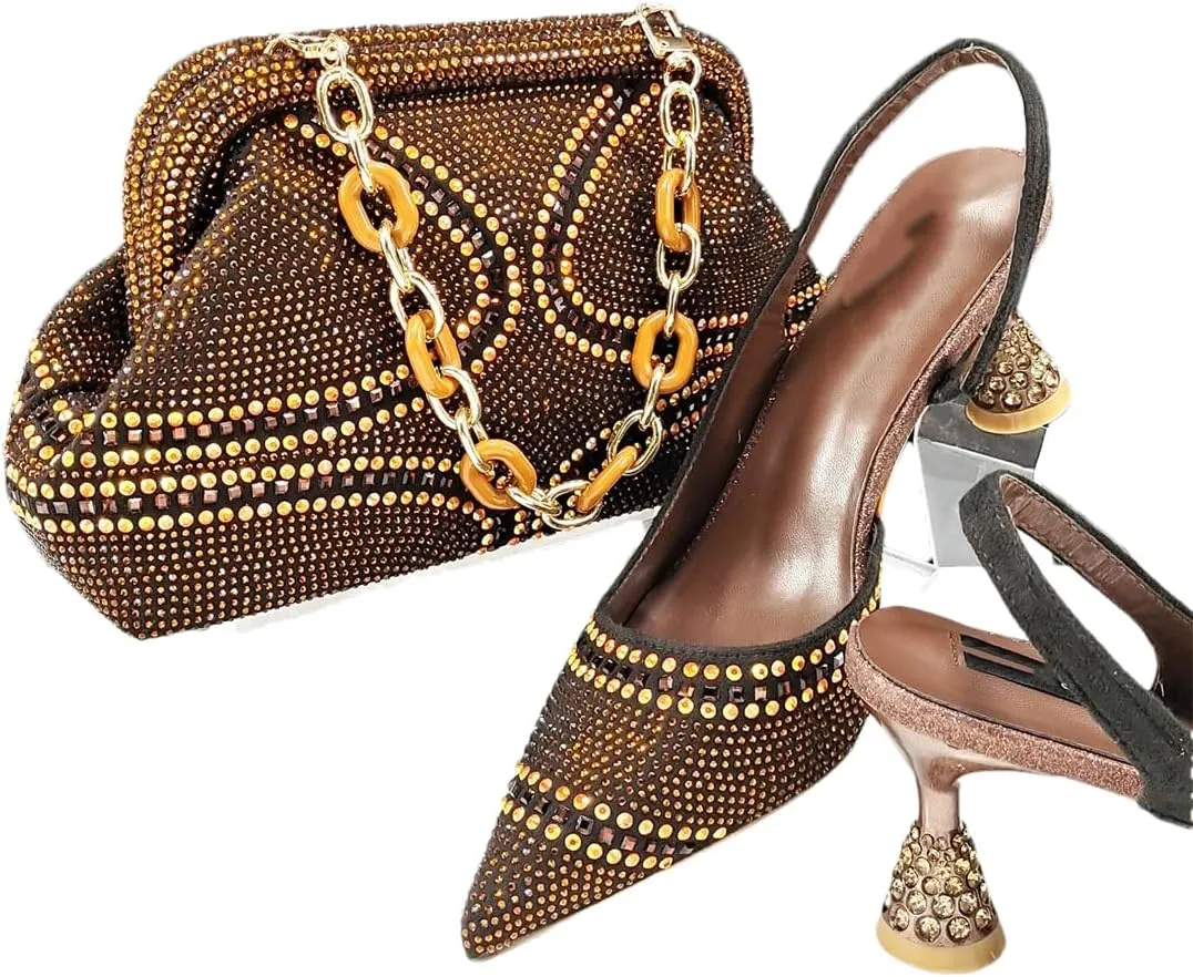 Women’S Royal EN8 Rhinestone High Heels and Matching Bag Set with Ankle Strap for Wedding