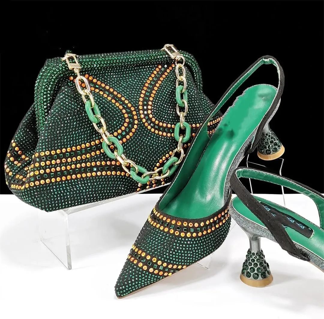 Women’S Royal EN8 Rhinestone High Heels and Matching Bag Set with Ankle Strap for Wedding