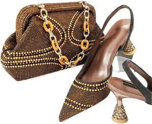 Women’S Royal EN8 Rhinestone High Heels and Matching Bag Set with Ankle Strap for Wedding