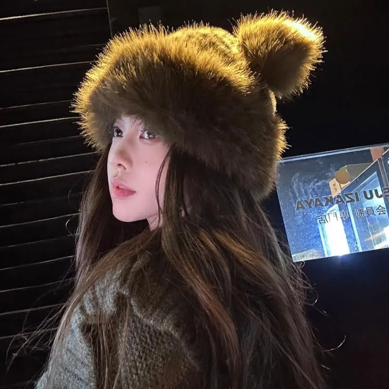 Women's Trapper Hat Y2K Faux Fur Leopard Hat Cat Ear Beanie Winter Warmer Cap Party Cosplay Cheetah Hat