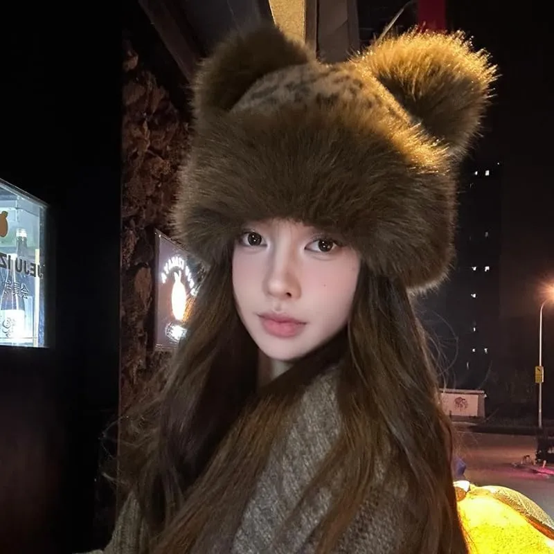 Women's Trapper Hat Y2K Faux Fur Leopard Hat Cat Ear Beanie Winter Warmer Cap Party Cosplay Cheetah Hat