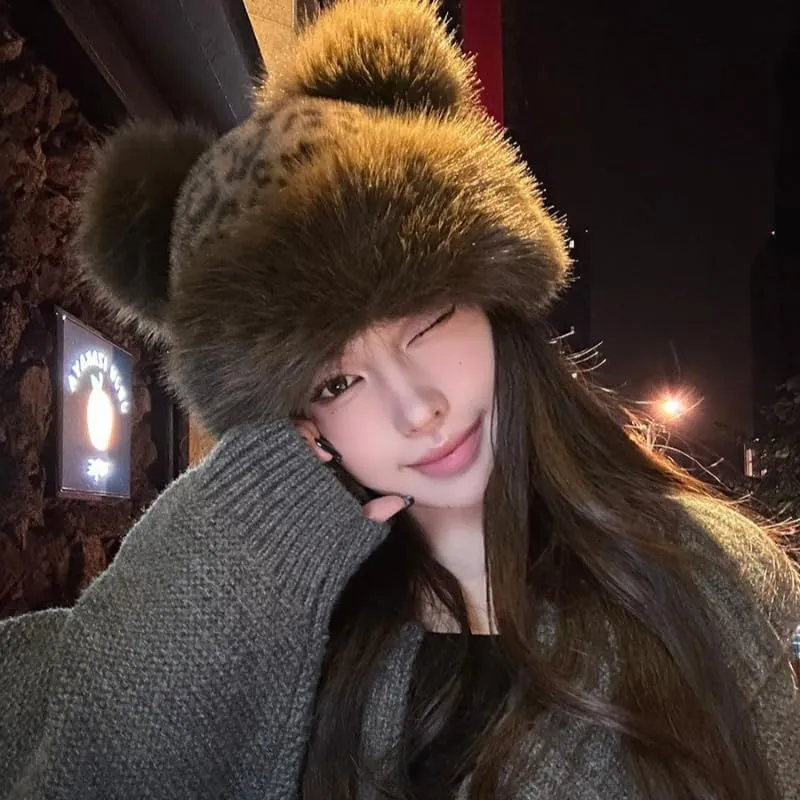 Women's Trapper Hat Y2K Faux Fur Leopard Hat Cat Ear Beanie Winter Warmer Cap Party Cosplay Cheetah Hat