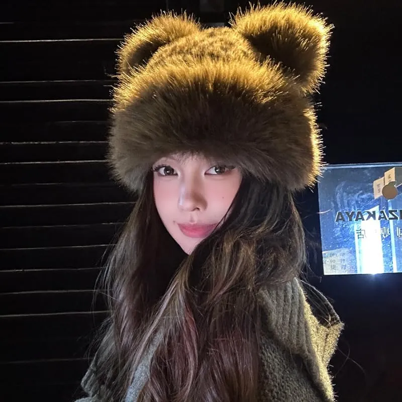 Women's Trapper Hat Y2K Faux Fur Leopard Hat Cat Ear Beanie Winter Warmer Cap Party Cosplay Cheetah Hat