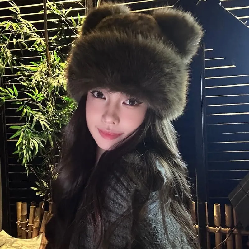 Women's Trapper Hat Y2K Faux Fur Leopard Hat Cat Ear Beanie Winter Warmer Cap Party Cosplay Cheetah Hat