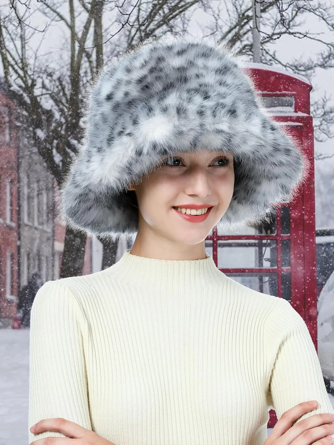 Women's Winter Faux Fur Bucket Hat Fluffy Warm Ladie's Plush Leopard Printed Fisherman Cap