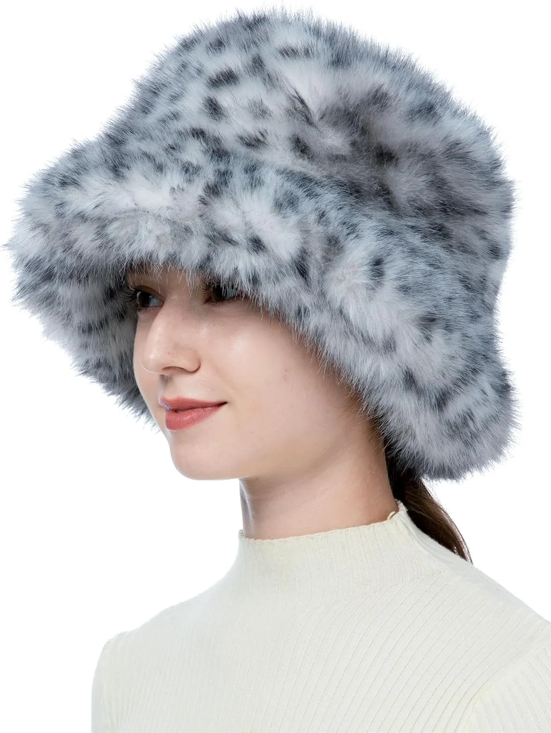 Women's Winter Faux Fur Bucket Hat Fluffy Warm Ladie's Plush Leopard Printed Fisherman Cap