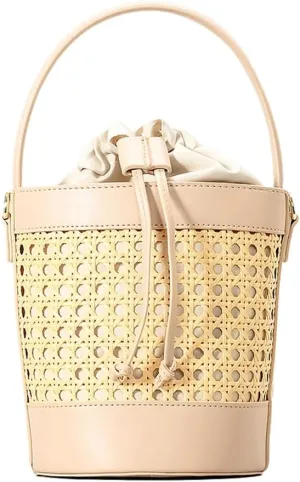 Woven Rattan Bag for Women Perforated PU Leather Bucket Bag Summer Top-handle Drawstring Handbag Purses