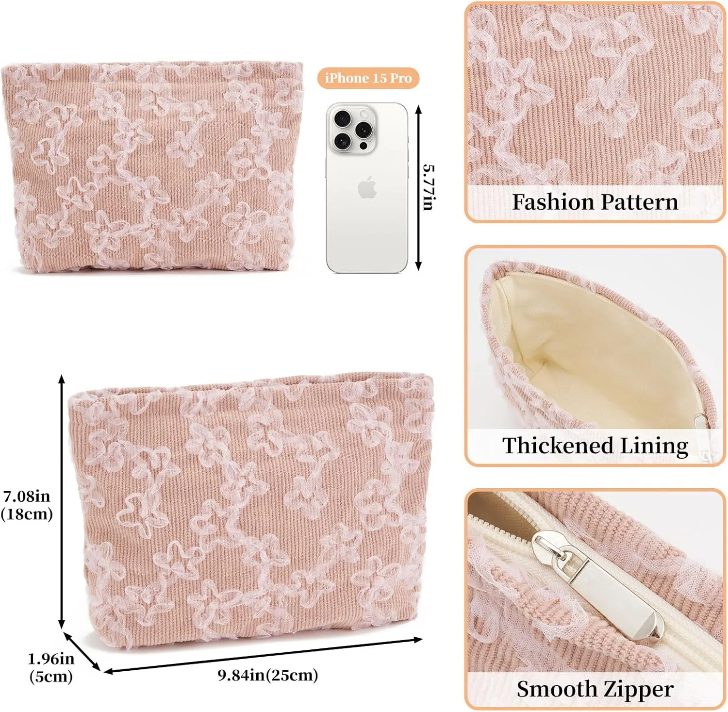 WOZEAH Floral Corduroy Makeup Bag for Purse Small Cosmetic Pouch,Stylish Zipper Make up Pouch Travel Canvas Toiletry Bags(Lace Embroidery 2)