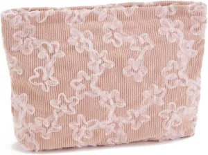 WOZEAH Floral Corduroy Makeup Bag for Purse Small Cosmetic Pouch,Stylish Zipper Make up Pouch Travel Canvas Toiletry Bags(Lace Embroidery 2)