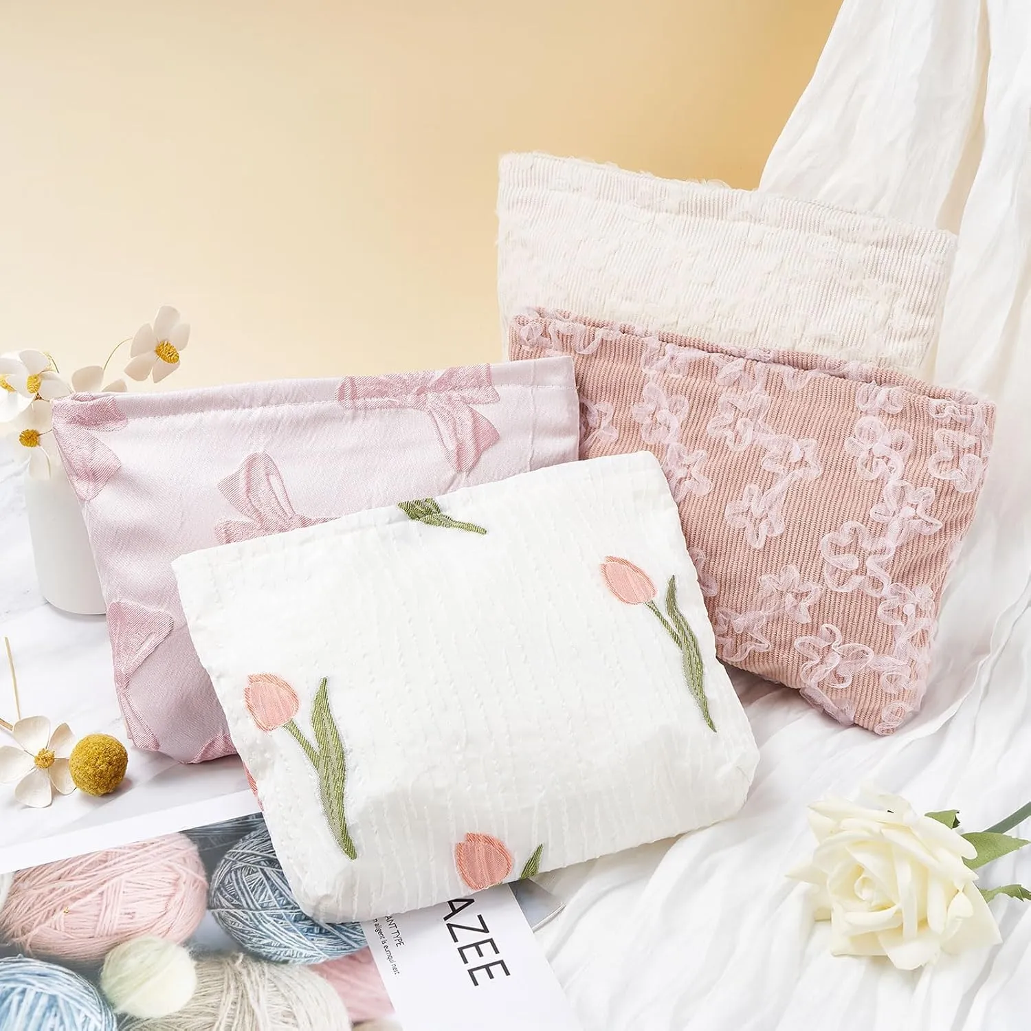 WOZEAH Floral Corduroy Makeup Bag for Purse Small Cosmetic Pouch,Stylish Zipper Make up Pouch Travel Canvas Toiletry Bags(Lace Embroidery 2)